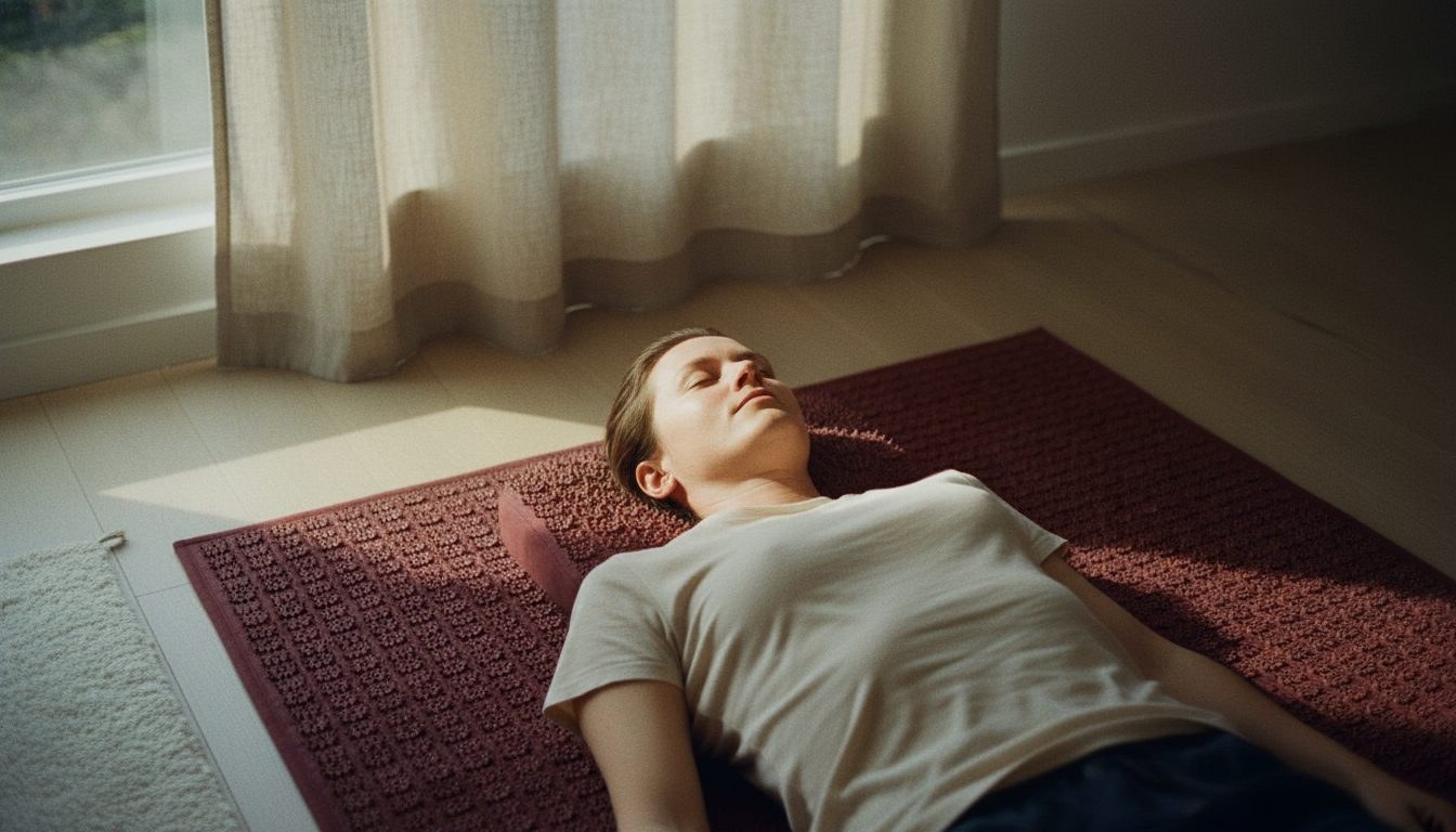 Person lying on an acupressure mat in a sunlit room