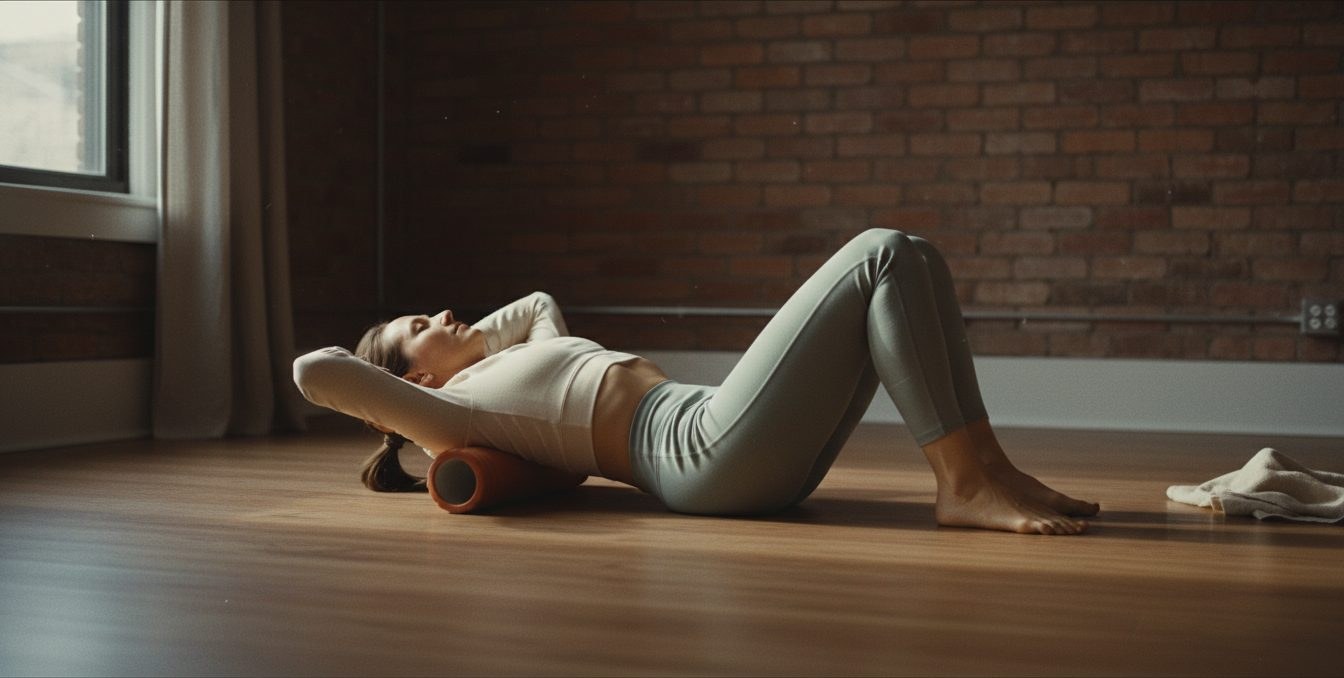 Person foam-rolling their upper back in a daylit studio