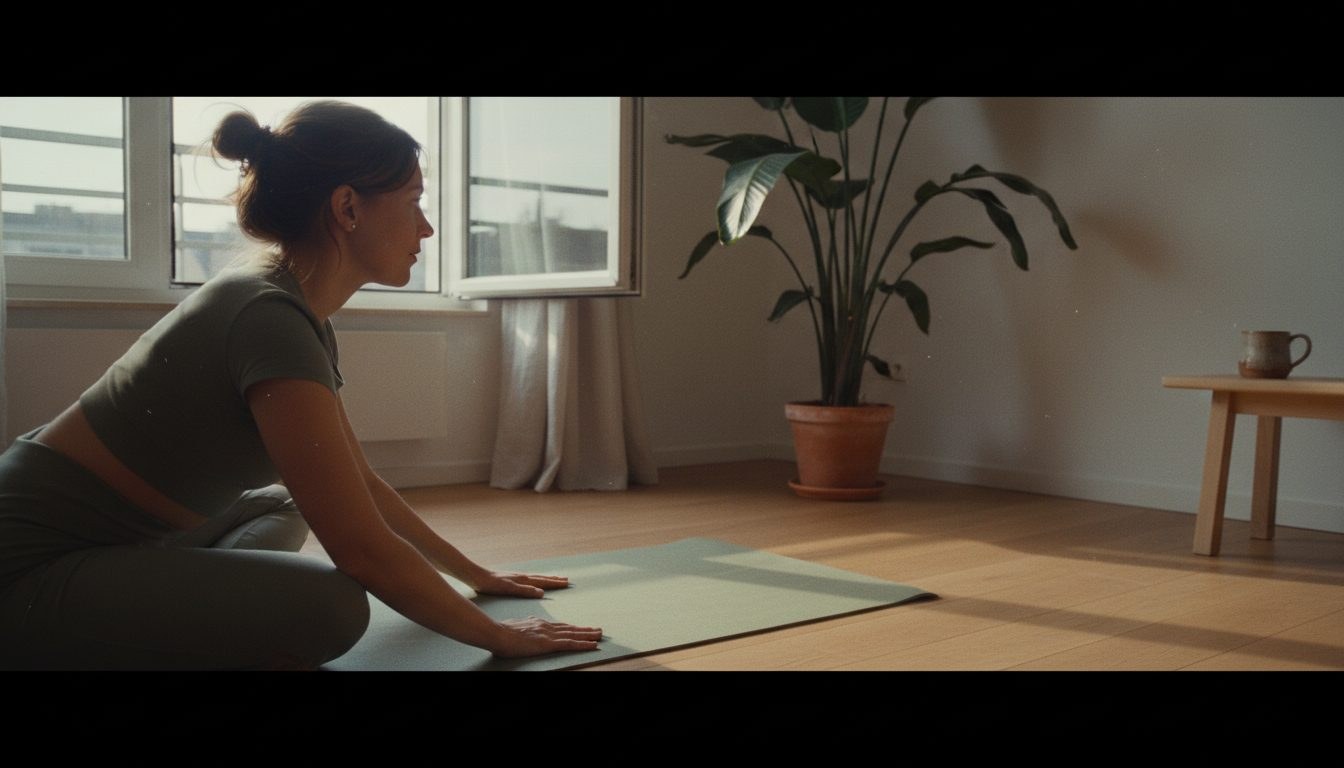 Stretching on a sage mat in a sunlit living room