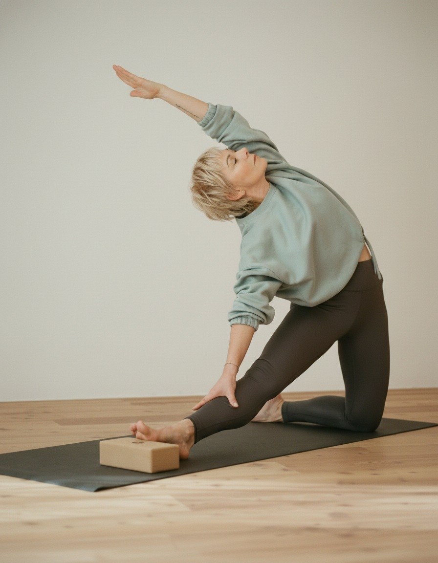 Person in a kneeling side stretch on a mat